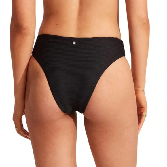 SEAFOLLY High Rise Ribbed Black Bikini bottom Essentials 40609-640 Size 2 NWT - Picture 2 of 16
